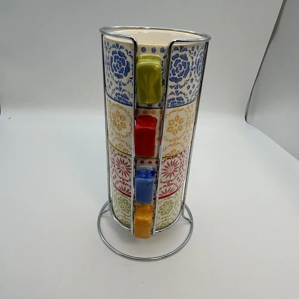 Pier 1 Imports Stackable Stoneware Mugs Set of 4 w/ Metal Stand Coffee  Cup